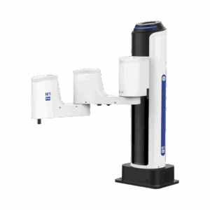 Robot SCARA DOBOT M1 Pro operando en línea de producción automatizada.